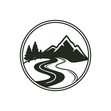 Monochromatic circular logo featuring a winding road leading to majestic mountains with pine trees on the side, symbolizing adventure and nature.