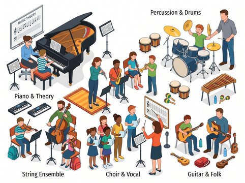 Isometric Music Education Collection with Teachers, Students, and Musical Instruments, vector isolated on white