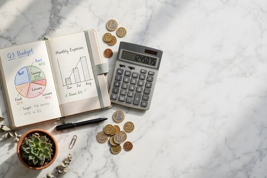 Budget planning notebook with calculator and coins top down