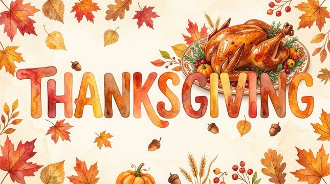 A festive watercolor illustration celebrating thanksgiving day in canada featuring a roasted turkey surrounded by colorful autumn leaves and seasonal harvest vegetables background