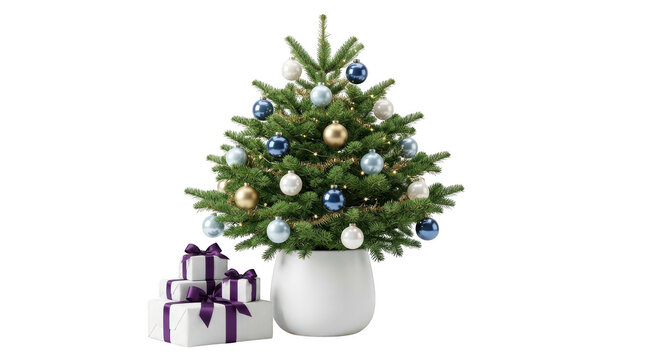 Small decorated christmas tree in pot with gift boxes isolated on transparent background