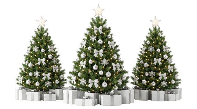 Three decorated christmas trees with gift boxes underneath isolated on transparent background