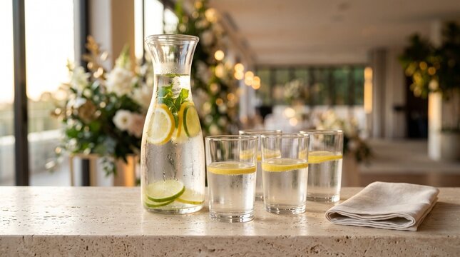 Glass pitcher of infused water with citrus slices and glasses on bar counter drinking water lemon slices