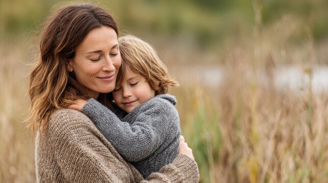 A Heartwarming Moment of Connection between a Mother and Child in a Natural Setting Surrounded by Soft Grasses and Gentle Colors