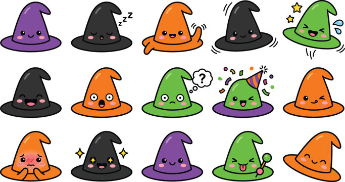 Cute cartoon witch hats in various colors and emotions for Halloween