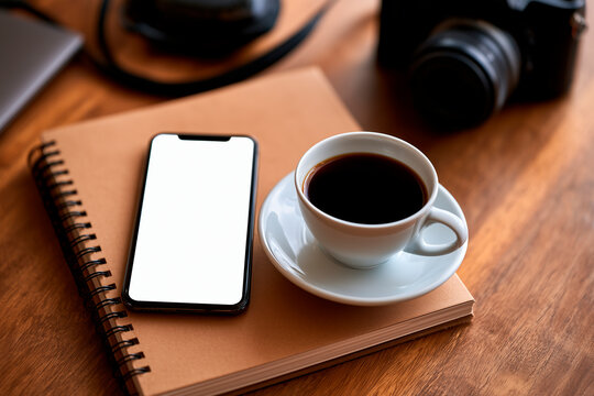 Close-up of mobile phone with blank screen on notebook next to coffee and camera on desk