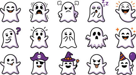 Fototapeta premium Set of cute hand drawn ghosts with various expressions and accessories for halloween themed designs and creative projects