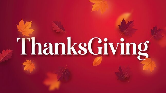 A beautiful festive background celebrating thanksgiving day in canada featuring elegant white typography surrounded by falling autumn maple leaves on red backdrop