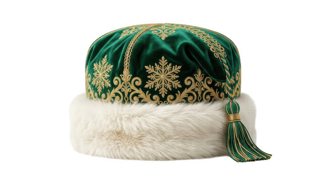 Traditional green velvet hat with gold embroidery and fur trim isolated on transparent background