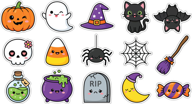 Halloween themed stickers with cute cartoon characters and symbols