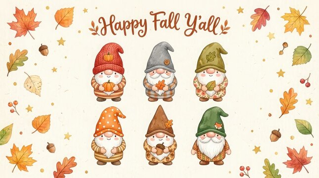 Cute watercolor gnomes with autumn leaves and festive text perfect for celebrating thanksgiving day in canada with family during the fall season