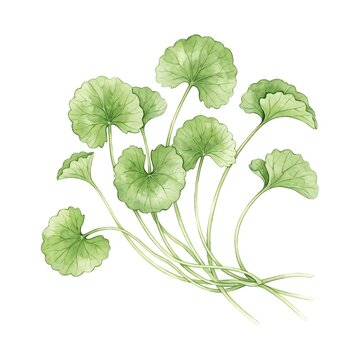 Watercolor botanical illustration of green gotu kola or centella asiatica leaves isolated on white