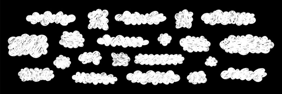 White chalk fluffy cloud scribbles on black chalkboard. Rough grunge pastel drawing on the blackboard. Crayon cloud shape text box, sticker, stamp, badge for school, kindergarten childish design