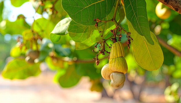Ripe cashew apples and raw nuts growing on a branch with green leaves in a sunny agricultural field