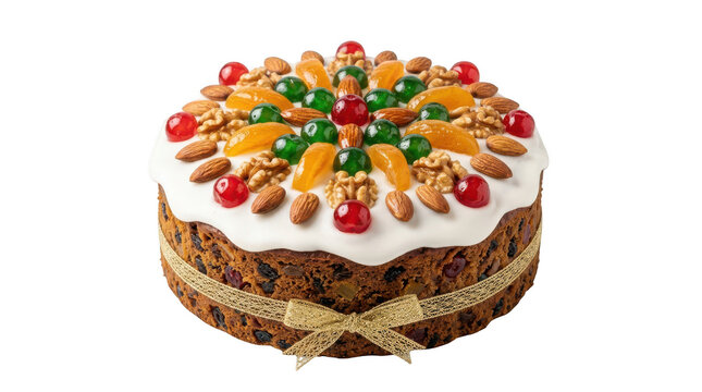 Traditional fruitcake with dried fruits and nuts on top isolated on transparent background