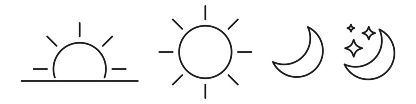 Sun Moon and Stars Day Night Cycle Outline Vector Icon Set