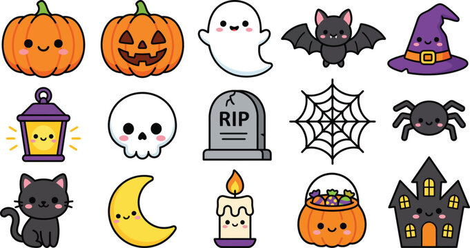 Cute Halloween icons for kids party decorations and social media