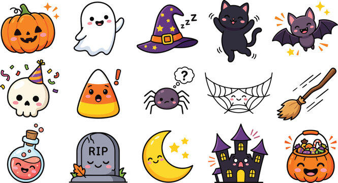 Halloween themed cartoon illustrations for kids party decorations