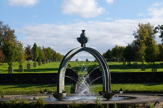 Decorative fountain sculpture designed by William Pye in front of the historic Palladian Dumfries House owned by the King's Foundation
