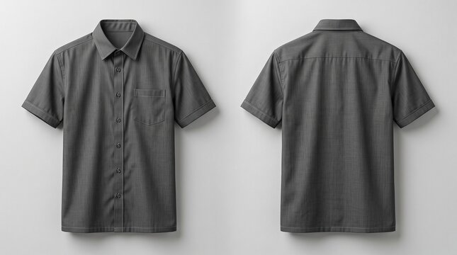 Dark Gray Short Sleeve Button Up Shirt Mockup Front and Back View on Light Background