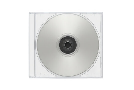 Pusta, błyszcząca płyta CD w przezroczystym pudełku jewel case, widoczna z g&oacute;ry na białym tle, idealna do prezentacji projekt&oacute;w muzycznych lub danych.