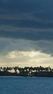 Vertical video. Slow Motion View of Tropical Palm Trees Beneath Dark Storm Clouds Across a Calm Sea, Approaching Rainfall, Coastal Landscape and Dramatic Island Weather