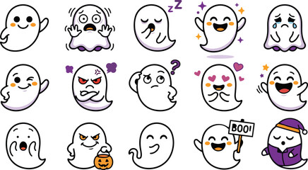 Fototapeta premium Set of cute hand drawn ghosts with various expressions and accessories for halloween themed designs and festive holiday decorations