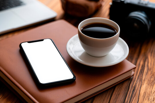 Top view of smartphone mockup with blank screen on workspace desk with coffee and camera