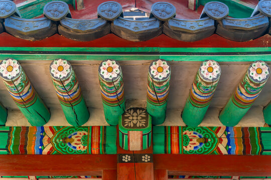 View of detail on Seobukgangnu (Northwestern Pavilion) on a sunny day in autumn, Paldal-gu, Suwon-si, Gyeonggi-do, South Korea