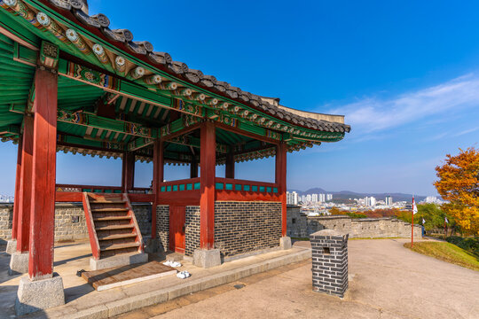 View of Seobukgangnu (Northwestern Pavilion) on a sunny day in autumn, Paldal-gu, Suwon-si, Gyeonggi-do, South Korea