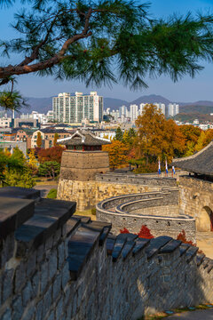 View of Seobukgongsimdon and Hwaseomun Gate during daytime from Paldal Park in autumn, Paldal-gu, Suwon-si, Gyeonggi-do, South Korea