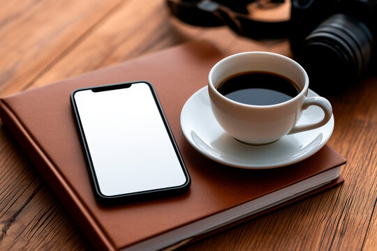 Top view of smartphone mockup with blank screen on workspace desk with coffee and camera