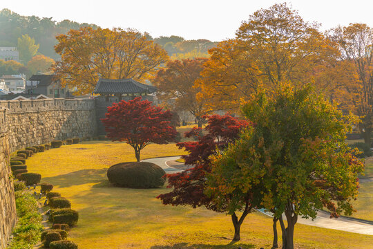 View of Bukseoporu (Northwestern Artillery Bastion) during daytime in autumn, Paldal-gu, Suwon-si, Gyeonggi-do, South Korea