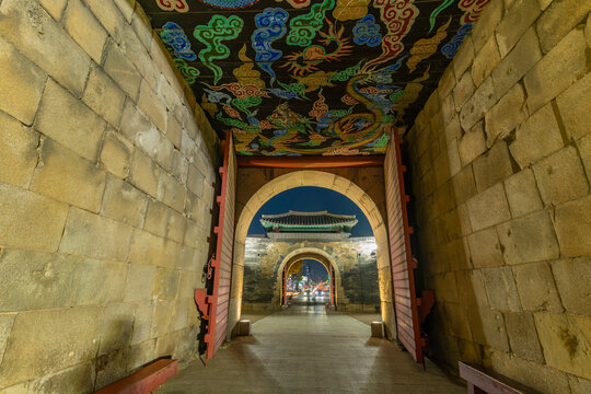 View of Janganmun Gate illuminated at dusk in autumn, Paldal-gu, Suwon-si, Gyeonggi-do, South Korea