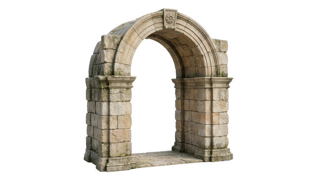 Zabytkowy kamienny łuk i klasyczny portal architektoniczny z blok&oacute;w skalnych, wyizolowany na czystym białym tle