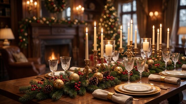 Elegant Christmas dinner table setting with festive candlelight and holiday centerpiece for family celebration