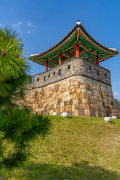 View of city wall and Dongiporu on a sunny day in Suwon, Suwon-si, Gyeonggi-do, South Korea