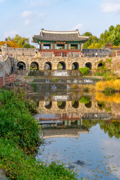 View of Hwahongmun Gate (Buksumun) footbridge on a sunny day in Suwon, Gyeonggi-do, Suwon-si, Paldal-gu, Buksu-dong, South Korea