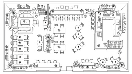 Fototapeta premium Top view of a modern coffee shop interior floor plan with furniture, tables, chairs, sofas, counter, and decor elements, architectural design layout