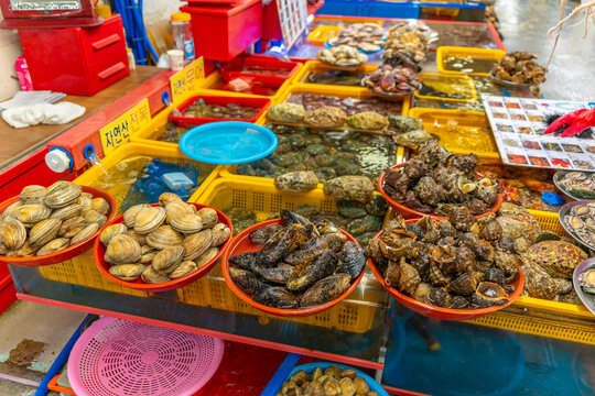 View of fresh local seafood for sale on market stall, Jung-gu, Bupyeong-dong, Busan, South Korea