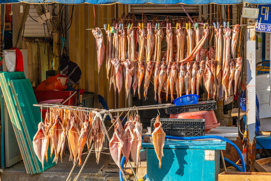 View of fresh local seafood for sale on market stall, Jung-gu, Bupyeong-dong, Busan, South Korea