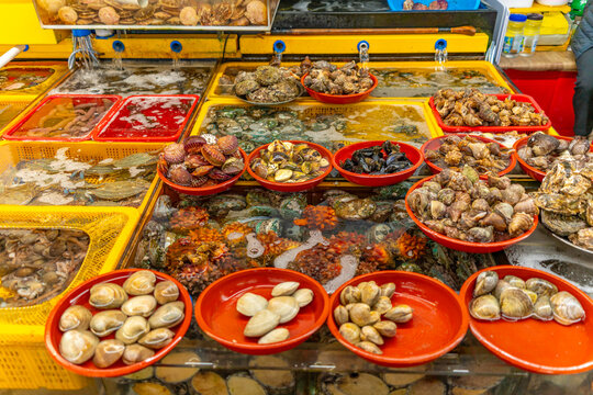 View of fresh local seafood for sale on market stall, Jung-gu, Bupyeong-dong, Busan, South Korea