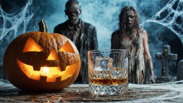 Spooky Halloween Scene Jack o lantern Whiskey Zombies and Cobwebs