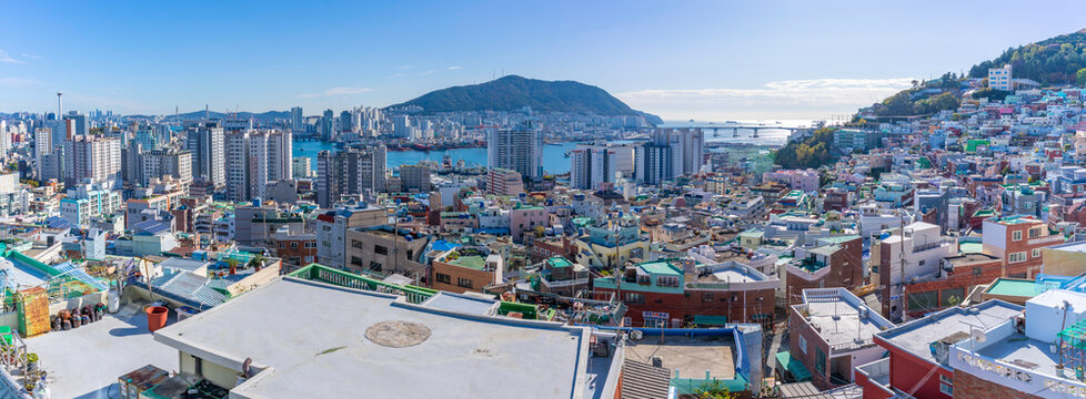 View of colourful rooftops and houses on a sunny day in Gamcheon Culture Village, Busan, South Korea