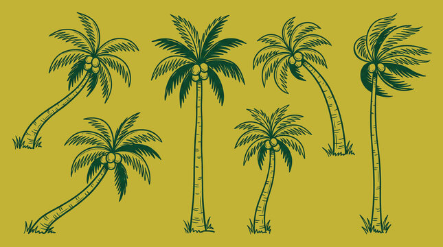 Playful Coconut Palm Tree Set for Tropical Travel and Summer Designs