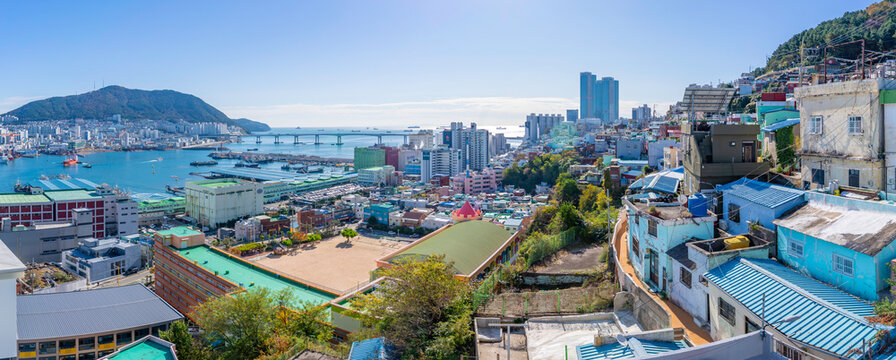 View of city landscape and colourful rooftops and houses of Nambumin-dong District on a sunny day, Seo-gu, Busan, South Korea