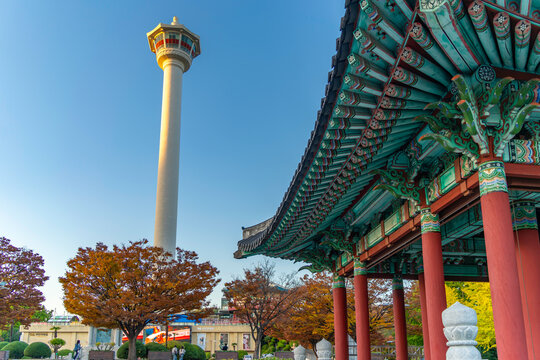 View of Busan Tower in Yongdusan Park at sunset, Busan, South Korea