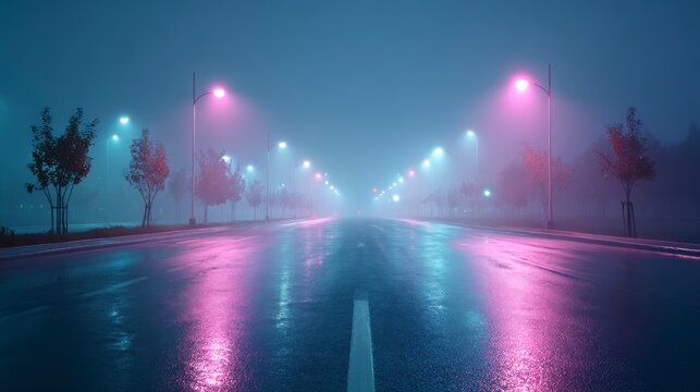 A Serene and Enigmatic Night Scene: A Rain-Slicked Road Illuminated by Ethereal Pink and Blue Streetlights Under a Thick Fog
