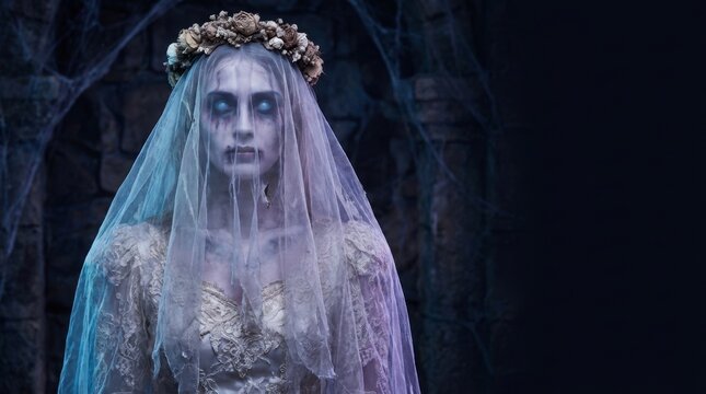 Woman in ghost bride costume with pale zombie makeup and torn veil in dark gothic castle. Halloween horror concept for spooky party and scary celebration