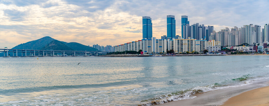 View of Suyeong Beach and city skyline during daytime, Suyeong-gu District, Busan, South Korea